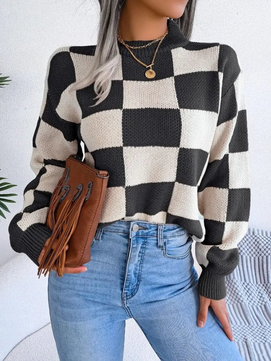Checkered Mock Neck Long Sleeve Sweater - Love Salve